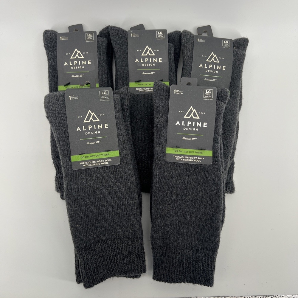 Alpine Design Merino Wool Blend Boot Sock with Thermolite Gray 5 Pairs Mens 8-12
